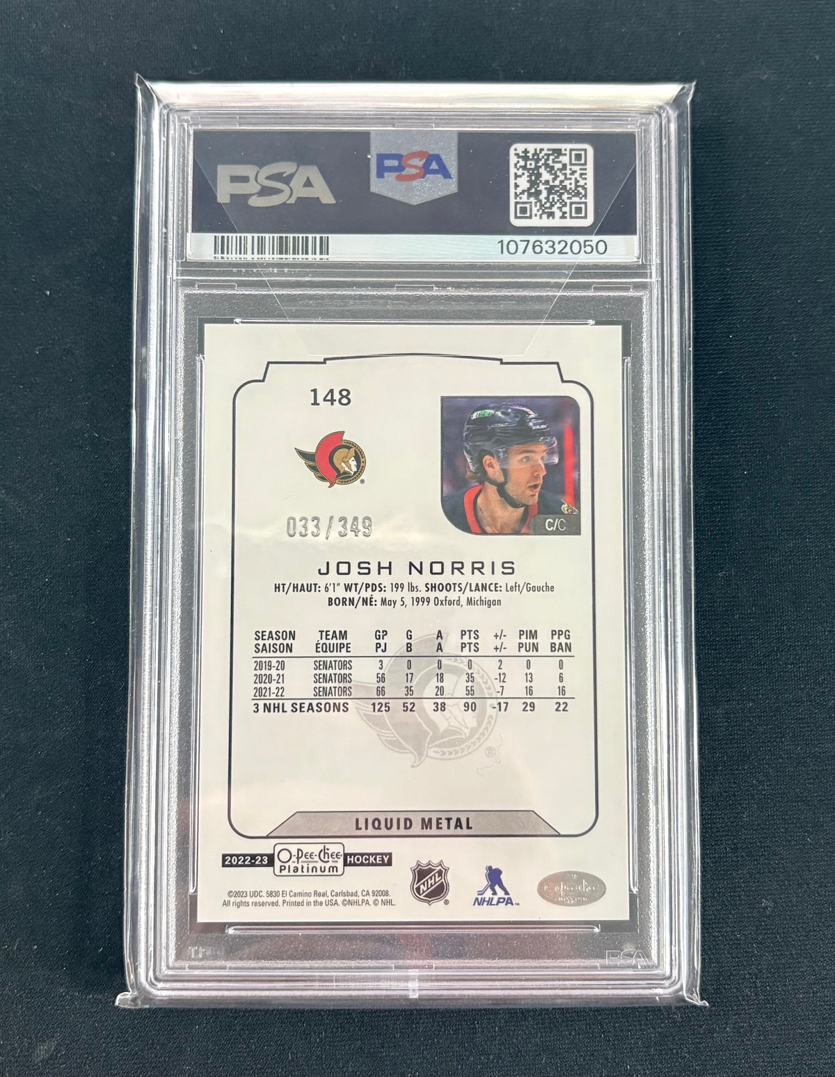 PSA 9 - 2022 O-PEE-CHEE Platinum "Liquid Metal" /349 RC Josh Norris