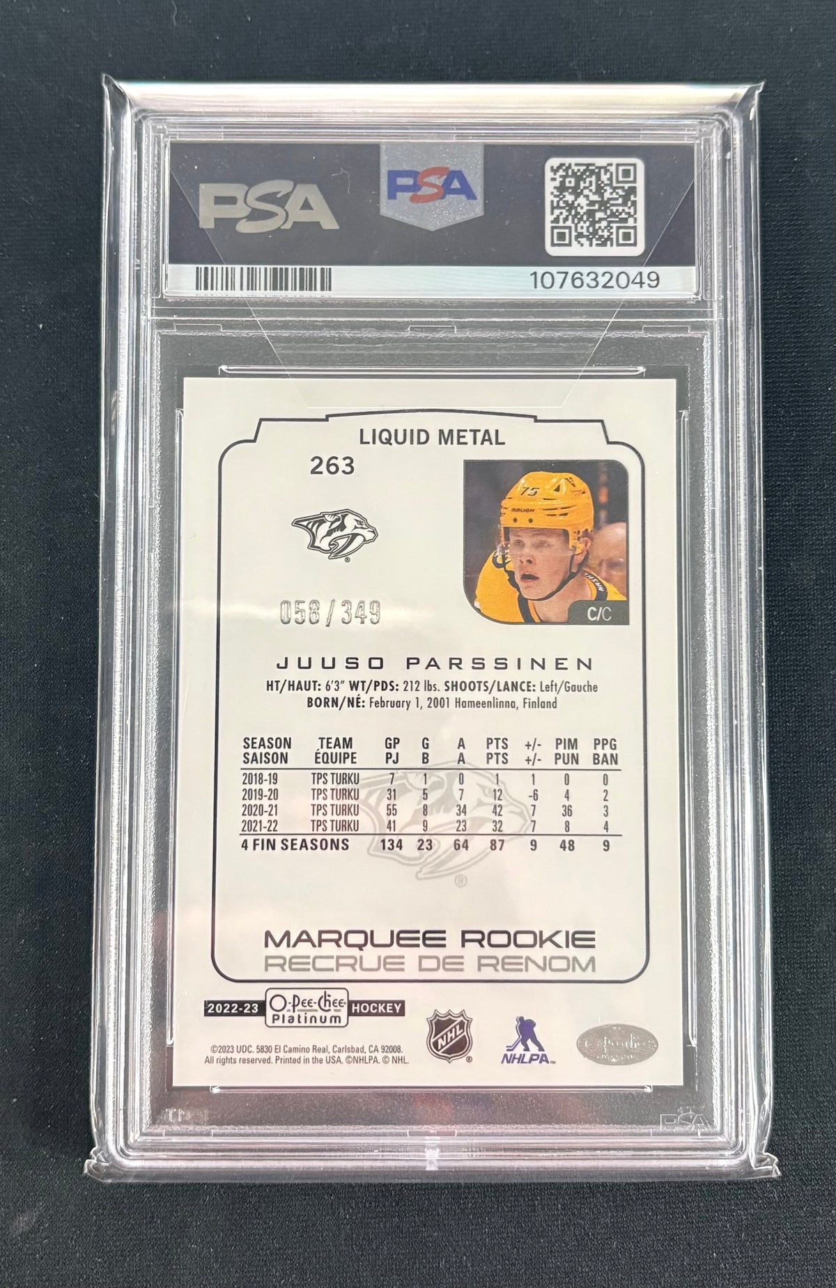 PSA 9 - 2022 O-PEE-CHEE Platinum "Liquid Metal" /349 RC Juuso Parssinen